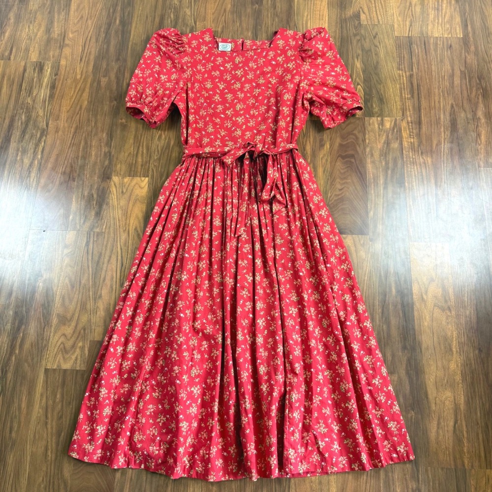 Laura Ashley Vintage Red Floral Cotton Midi Dress Puff Sleeve Cottagecore 10